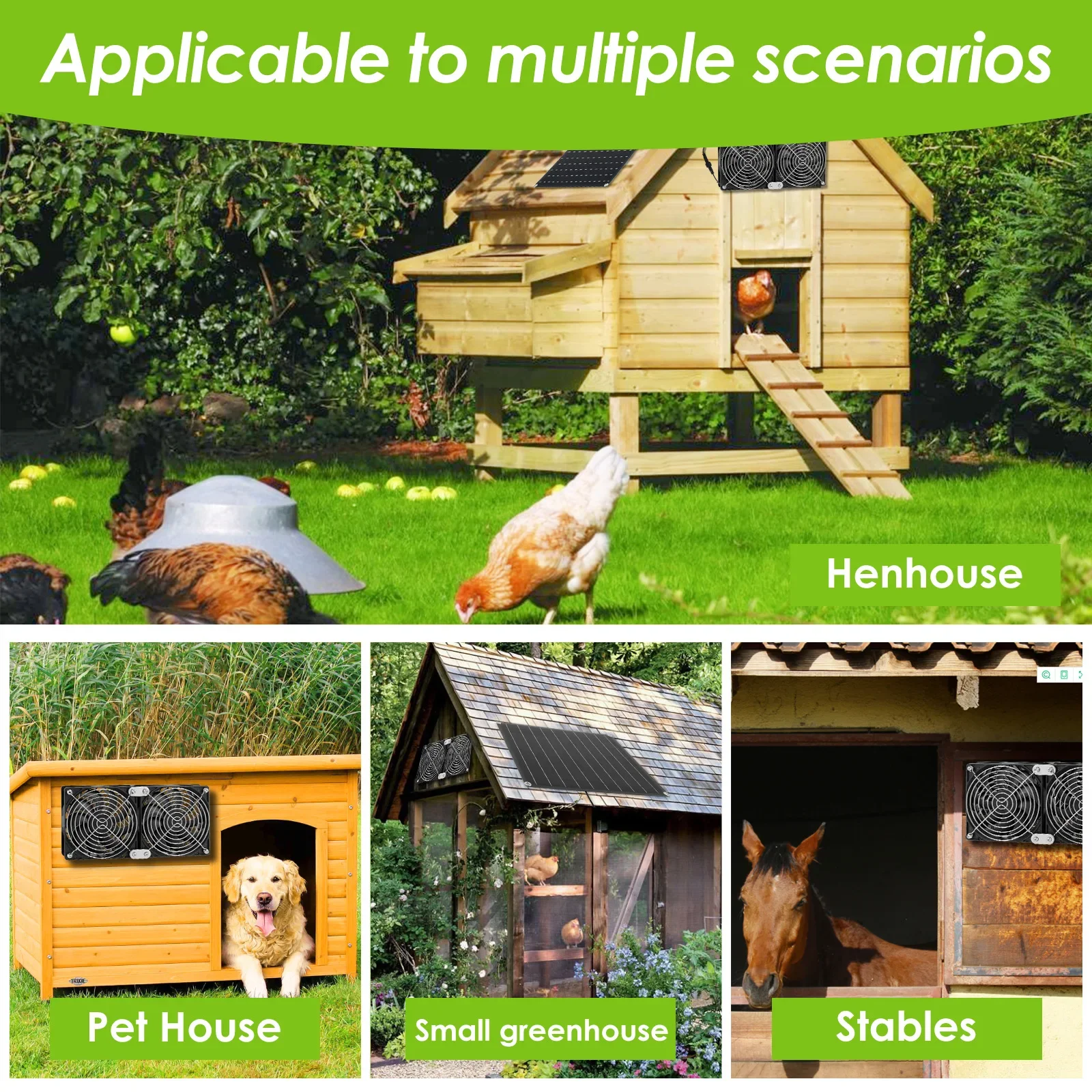 Exhaust Solar Powered Dual Cooling Fan 15W 20W Solar Panel IPX7 Waterproof Low Noise Outdoor Ventilation System for Chicken Coop