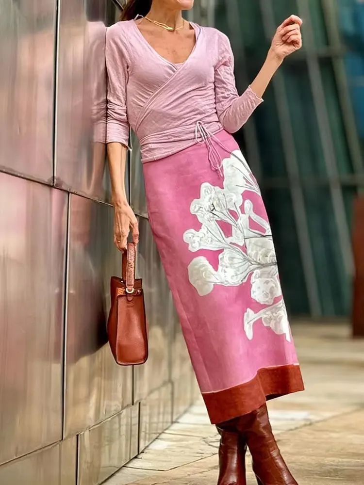 HH Woman\'s New Fashion Summer A-Line Skirt Print Mid-Waist Slit Zipper Skirt Female Vintage Holiday Style Straight Skirts