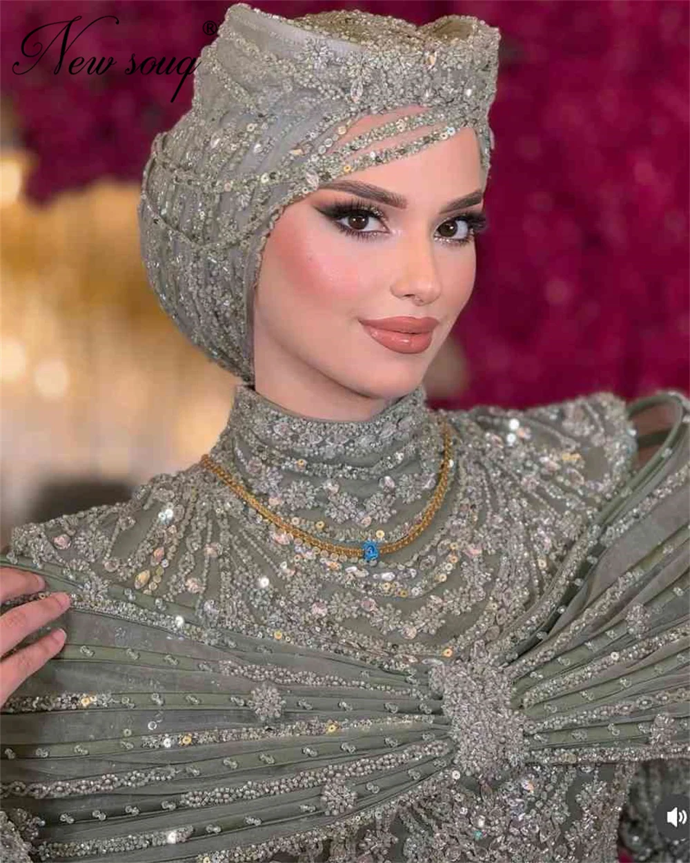 Árabe muçulmano mangas compridas vestidos de noite com saia destacável luxo sage verde miçangas vestidos de festa de casamento personalizado baile