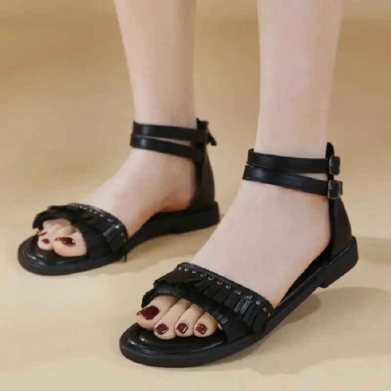 New 2025 European American Fashion Soft Bottom Tassel Back Cover Roman Sandals Comfortable And Versatile National Flat Bottom - Image 5