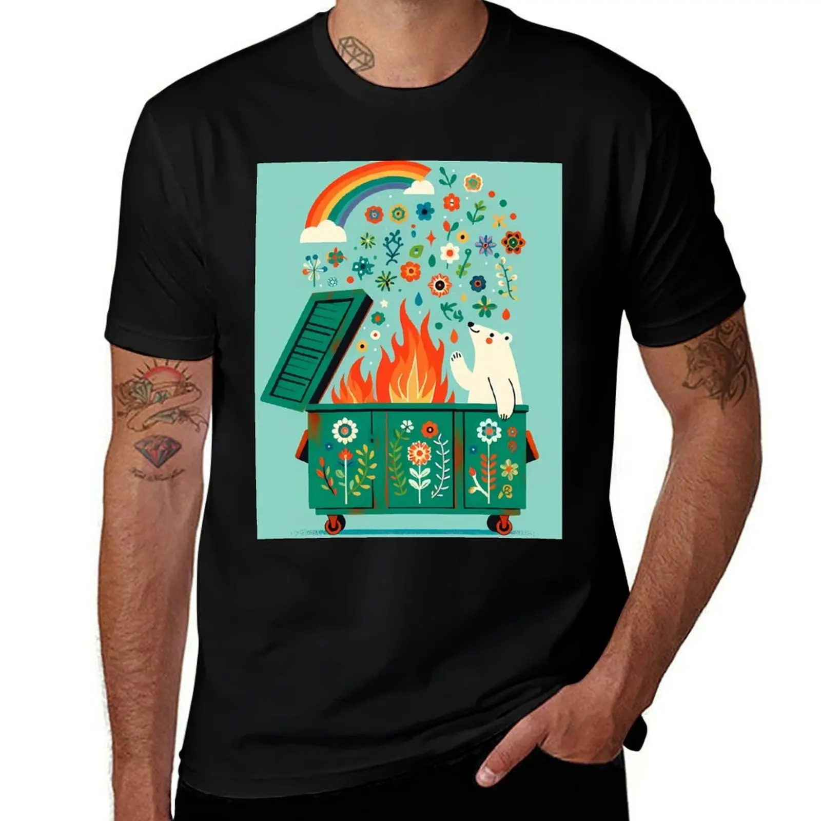 

Cute Polar Bear in a green Dumpster on Fire - Scandinavian Folk Art by heidiannemorris  T-Shirt graphic shirts Men's t shirts