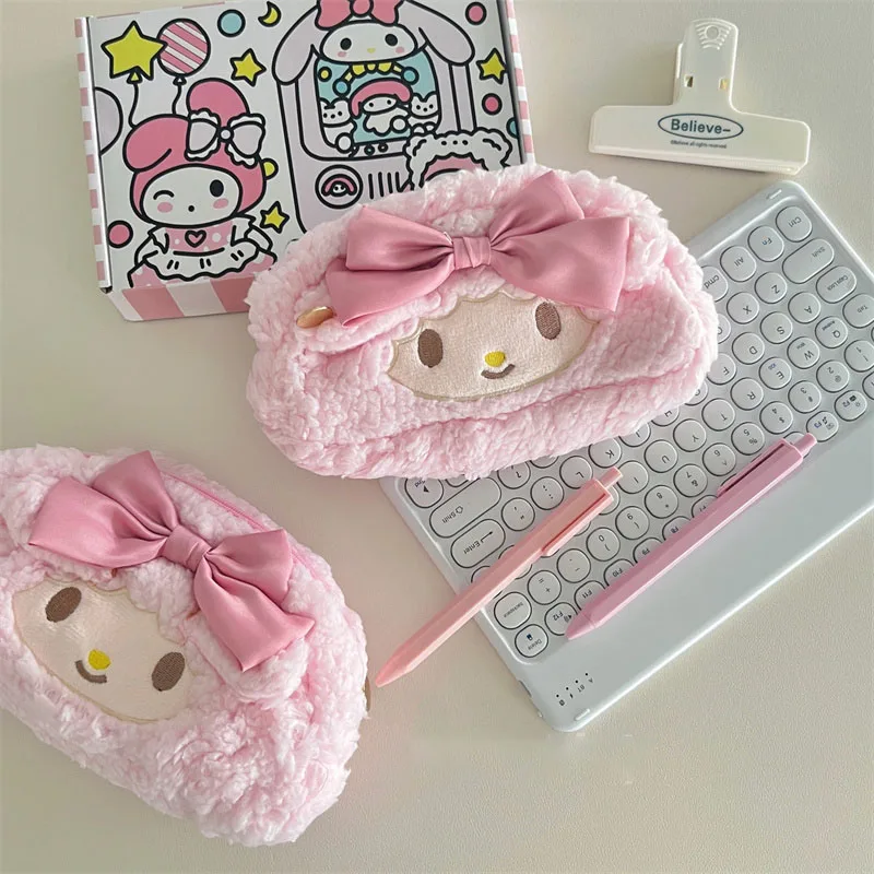 Kawaii Sanrio Melody Pencil Pouch Large Capacity Pen Case Cute Plush Cosmetic Bag Girls Cartoon Cute Student Supplies Stationery