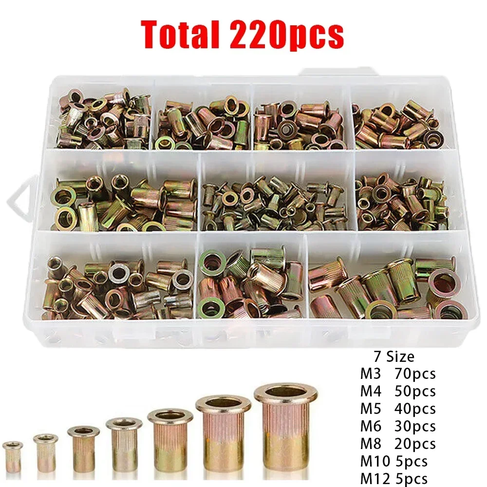 

220 шт. M3 M4 M5 M6 M8 M10 M12 Оцинкованная углеродистая сталь Жалюзи с плоской головкой Резьбовая заклепка Гайка Заклепка Вставка Nutsert Наборы гаек с накаткой