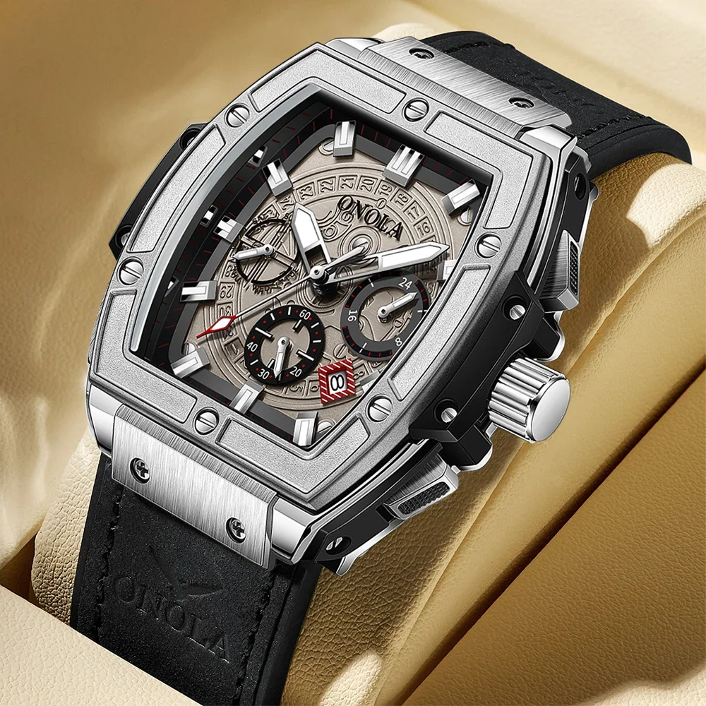 

ONOLA 6819 Классический дизайн ведра Роскошные мужские часы Многофункциональный календарь Водонепроницаемые повседневные кожаные кварцевые часы для мужчин