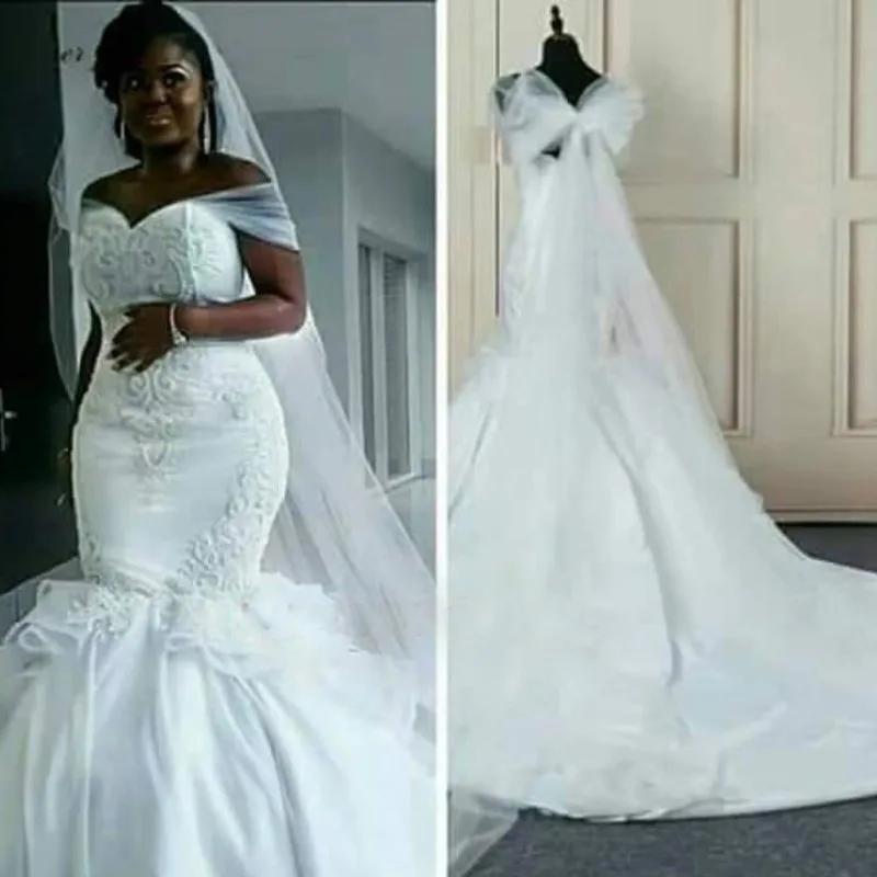 Fa104 elegante cetim vintage sereia vestido de casamento com envoltório longo puro laço branco bordado africano sereia vestido de casamento