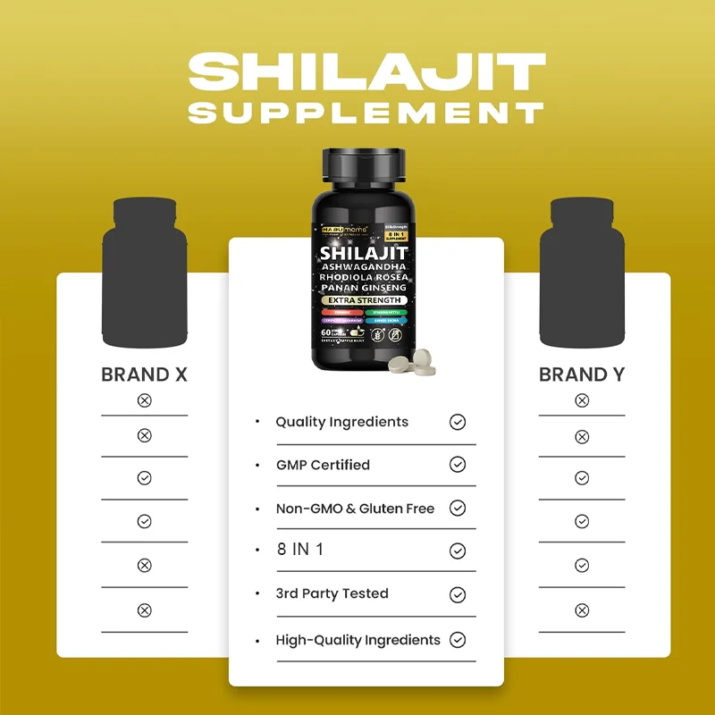 Shilajit 8 In1 - Panax Ginseng  Ashwagandha Rhodiola Rosea Turmeric Gingko Biloba Stinging Nettle Cordyceps Mushroom (60 Caps)