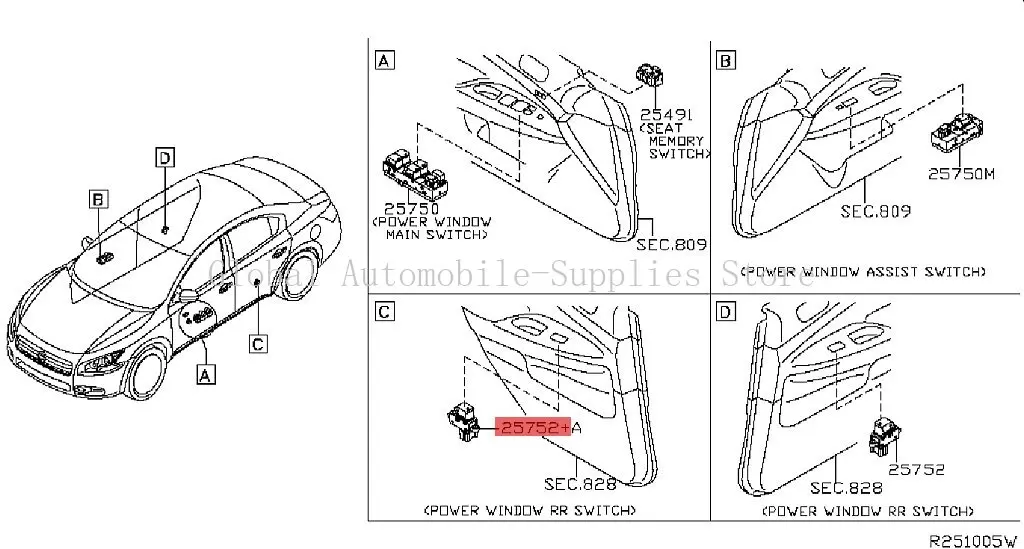 Power Window Switch 25411-JA00A for Nissan Altima 2007-2012 Maxima 2009-2014 Quest 2011-2013 Rear Side