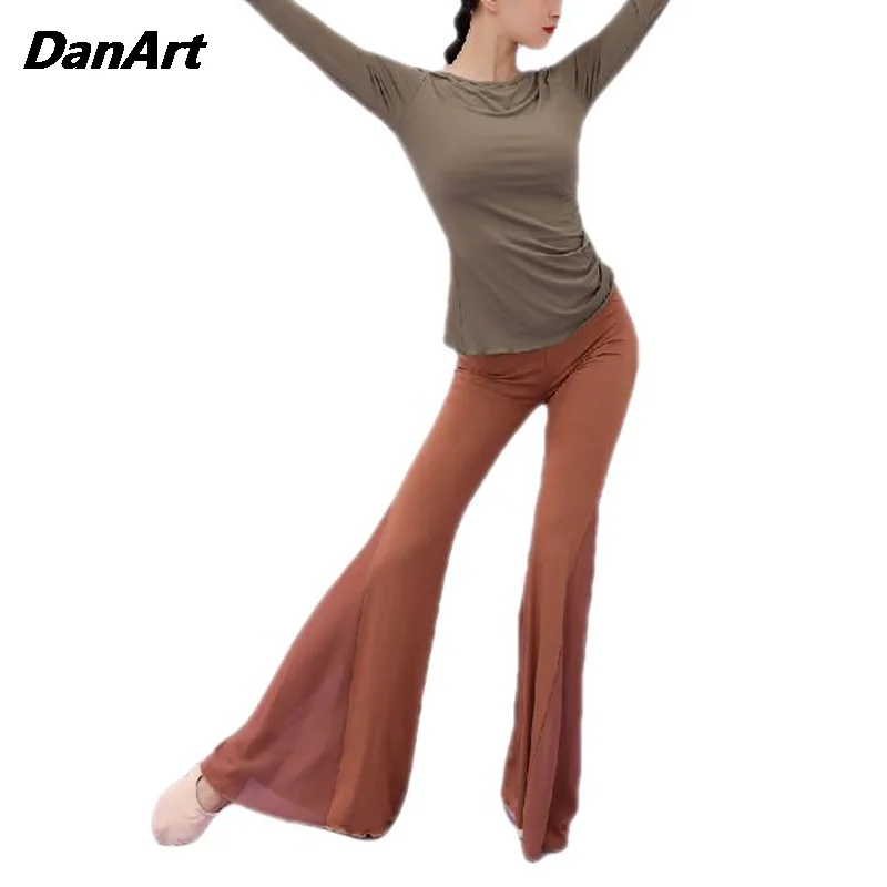 

Ladies Sexy Dance Costume V Neck Tops and Wide Leg Flared Pants Suit DancePractice Training Costume Elegant Goddess Set