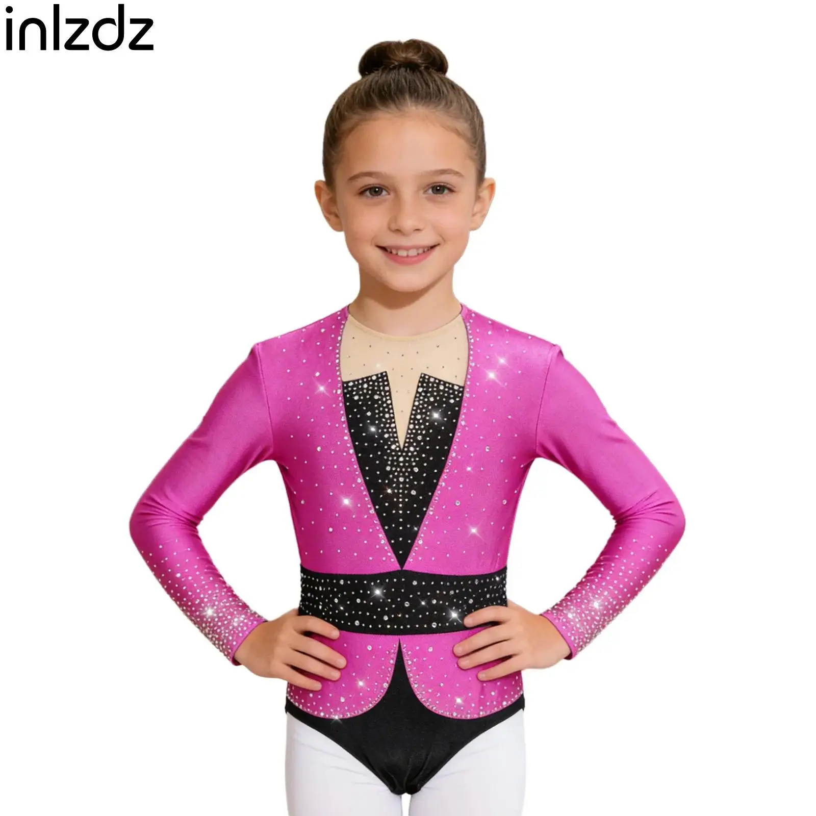 

Teen Girls Figure Ice Skating Gymnastics Dance Leotard Long Sleeve Keyhole Back Shiny Rhinestones Color Block Bodysuit Dancewear