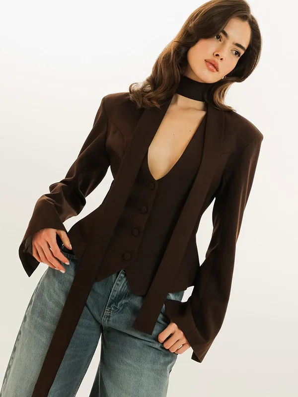 

Casual V-ne Long Sve Pure Color Slim Fit Small Western Sle Jaet Top Women's Autumn New Faion Cross-Border Clothing