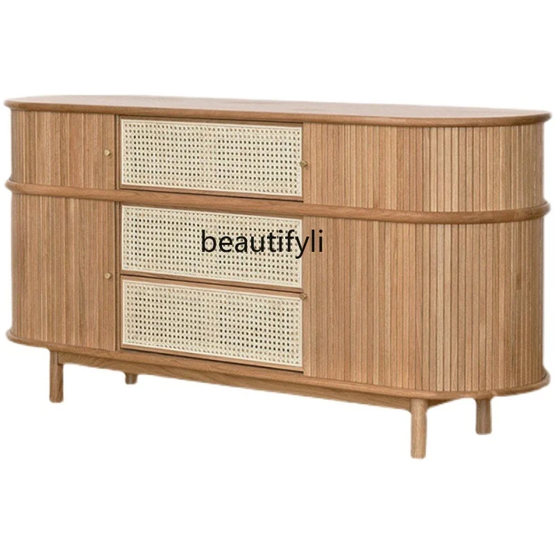 Solid Wood Rattan Storage Cabinet Living Room  Sideboard Cabinet Retro Domestic Roller Shutter Entrance Cabinet Side Cabinet