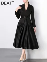 DEAT Elegant Dress Notched Belt Waist Pleated Patchwork Asymmetrical Solid Women's Office Lady Dresses 2024 Autumn New 35Z1138