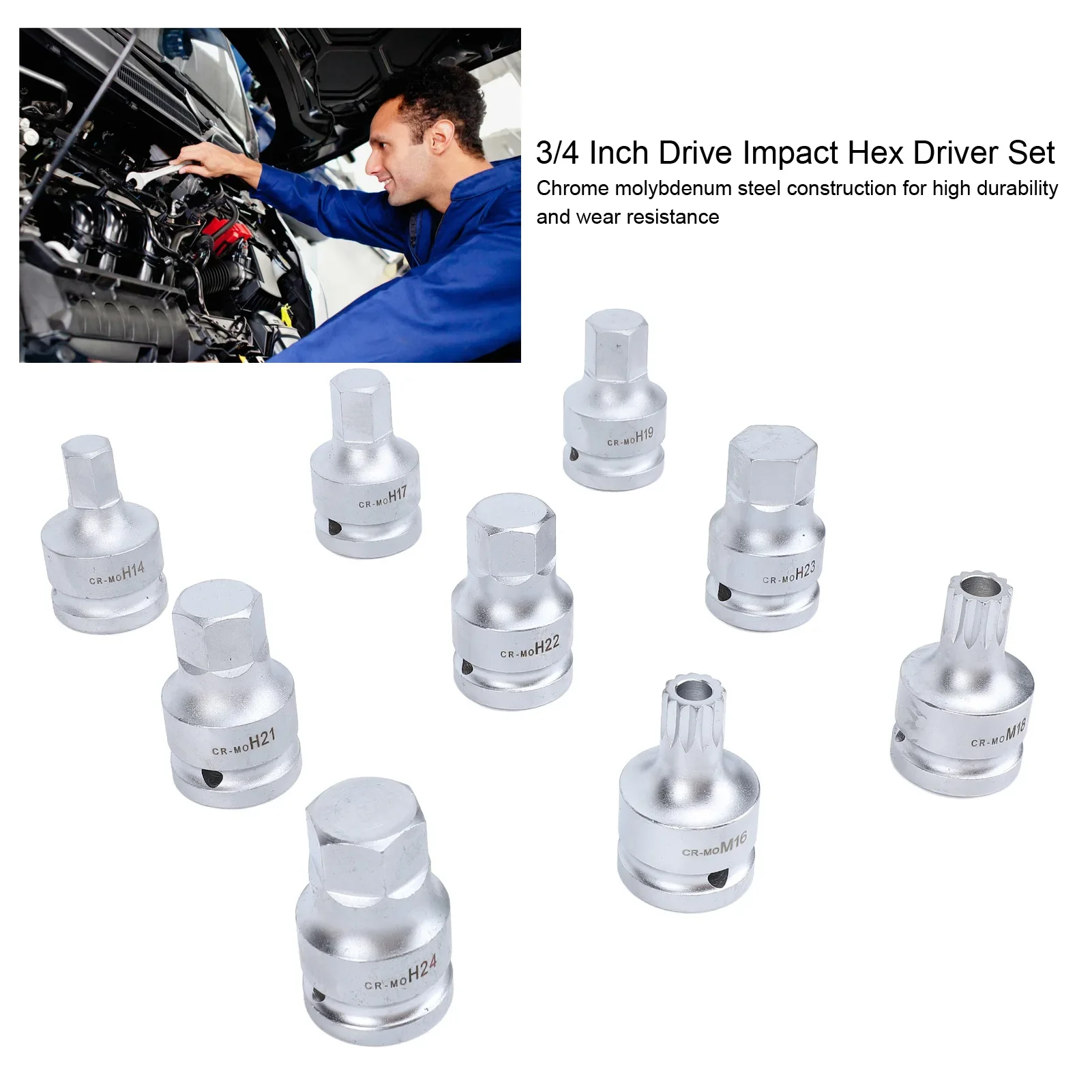 Spline Bit Socket Set Heavy Duty Cr‑mo 9 Pcs 3/4 Inch Drive  Hex Driver Set Construction with Storage Case for Car Repair