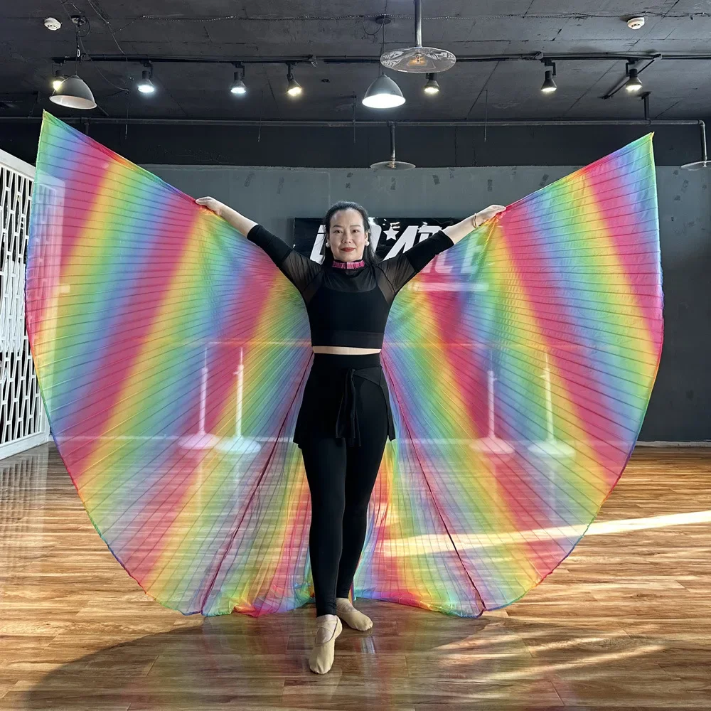 

Радужные крылья для танца живота для взрослых, реквизит для выступлений, египетские крылья Исиды, 360-градусное красочное шифоновое крыло с палочками