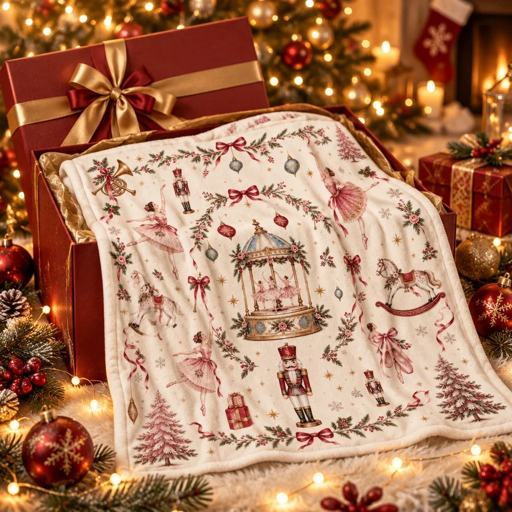 Nutcracker Christmas Flannel Throw, Vintage Ballerina Pink Bow Print, Cream Tone Holiday Blanket, Soft Cozy Decor, Ballet Dancer Gift, Seasonal Home Accent, Multiple Sizes