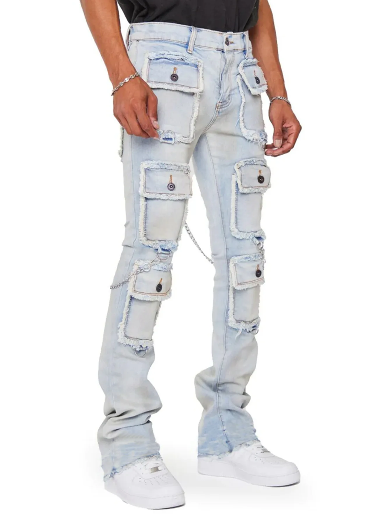 Mens Stacked Jeans Joggers Pants High Street Mult Pockets Men Jeans Slim Fit Denim Jeans Trousers