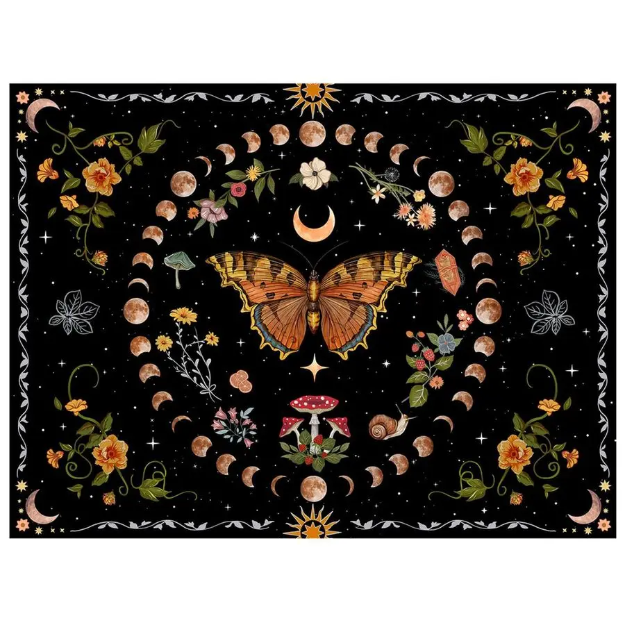 

Оранжевый гобелен с бабочкой, луной и цветком, ботаническое цветочное растение, гобелен в стиле бохо для спальни, эстетические винтажные гобелены, настенный гобелен