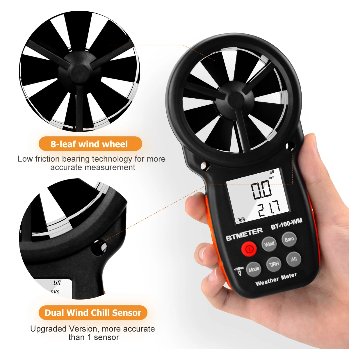 

BTMETER BT-100-WM Digital Anemometer Handheld Wind Speed Meter,Temp, Humidity, Barometer Altimeter for HVAC, Sailin, Drone