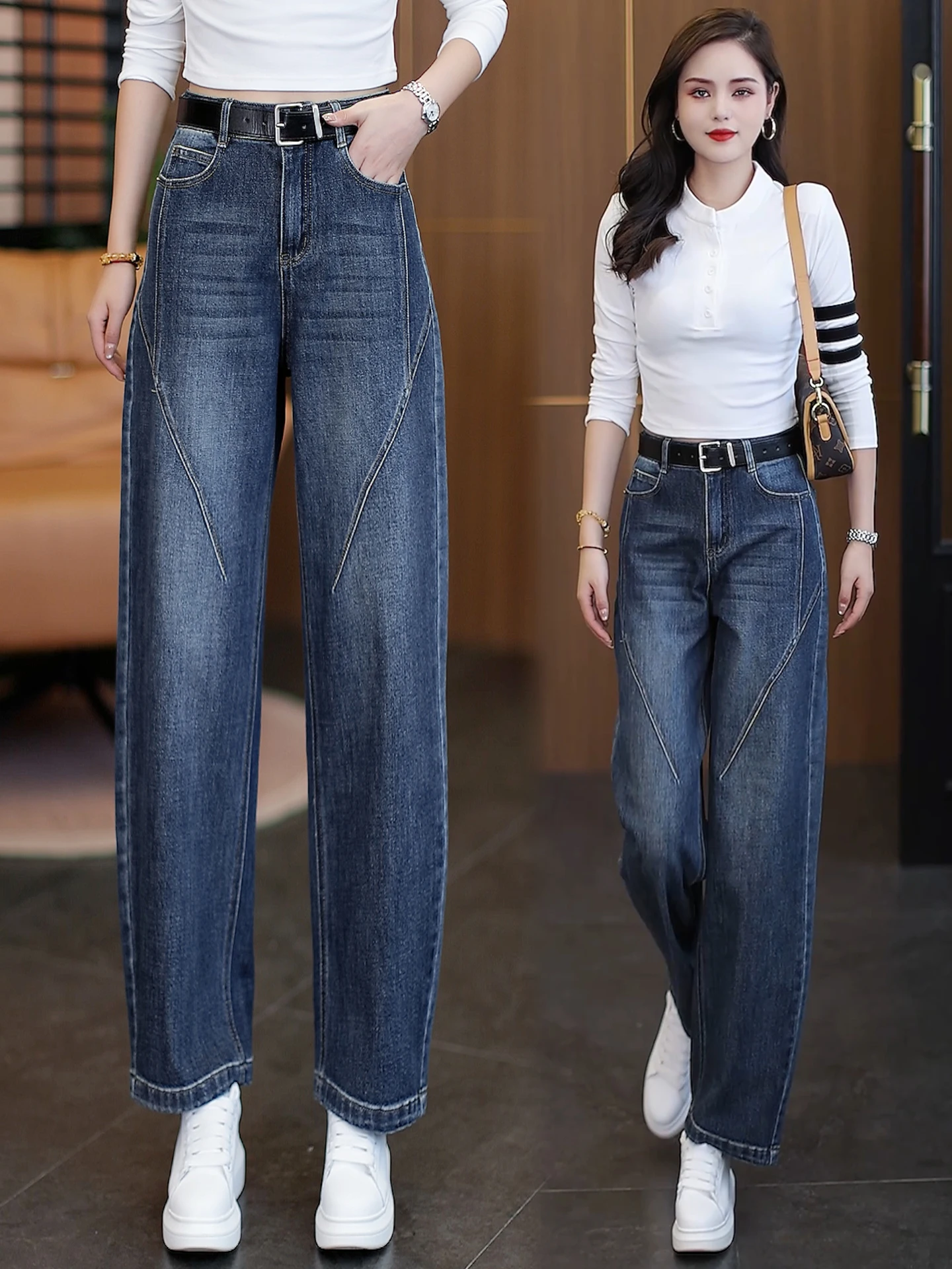 

Джинсы-бананы с высокой талией свободного кроя для женщин, весенне-осенние повседневные широкие брюки в корейском стиле, визуально стройнящие фигуру