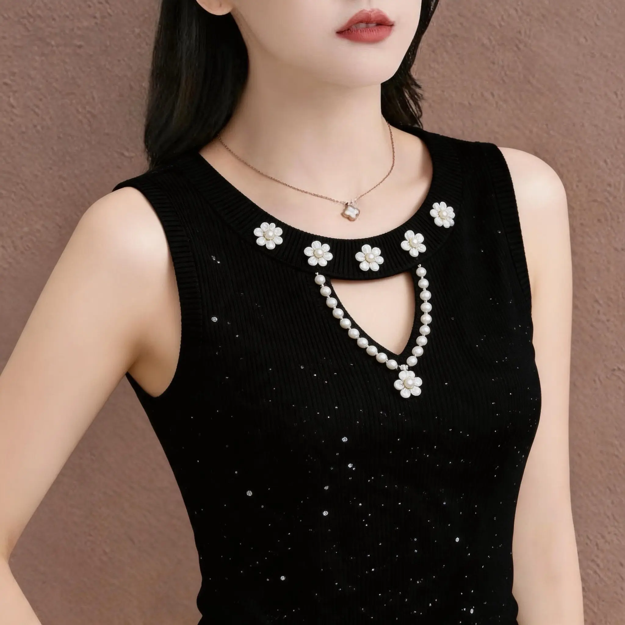 Women Sleeveless Knit Tank Top Pearl Floral Cutout Neck Rhinestone Dot Slim Elegant Office Basic Summer Vest Blouse Commute Y2K