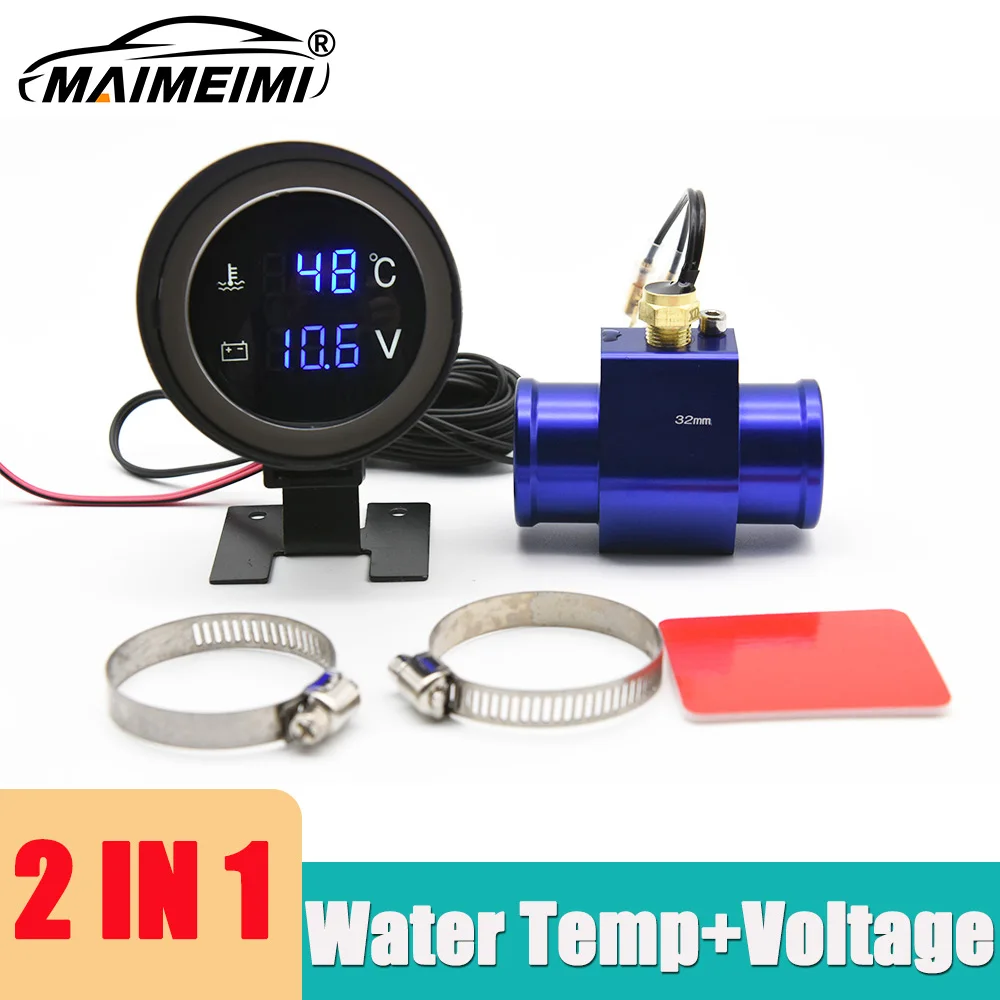 【セール中】LEDデジタル水温計 2in1 丸型電圧計 温度センサー付き 1/8NPTラジエータージョイントパイプアダプター 26MM〜40MM 12V/24V対応