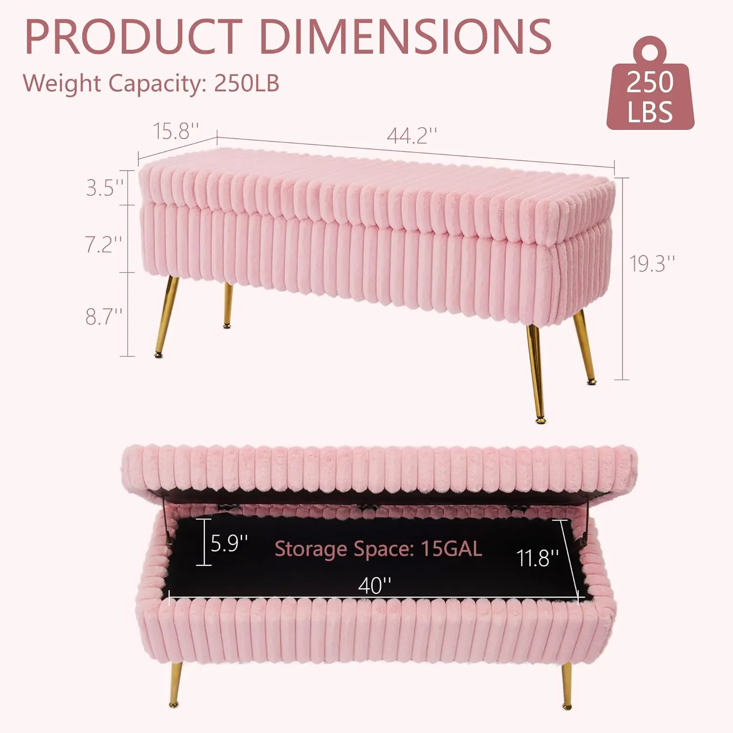 Banc de rangement pour chambre à coucher de 44 pouces, banc de rangement rembourré avec pieds en métal doré, banc de rangement moderne avec sièges pour le salon