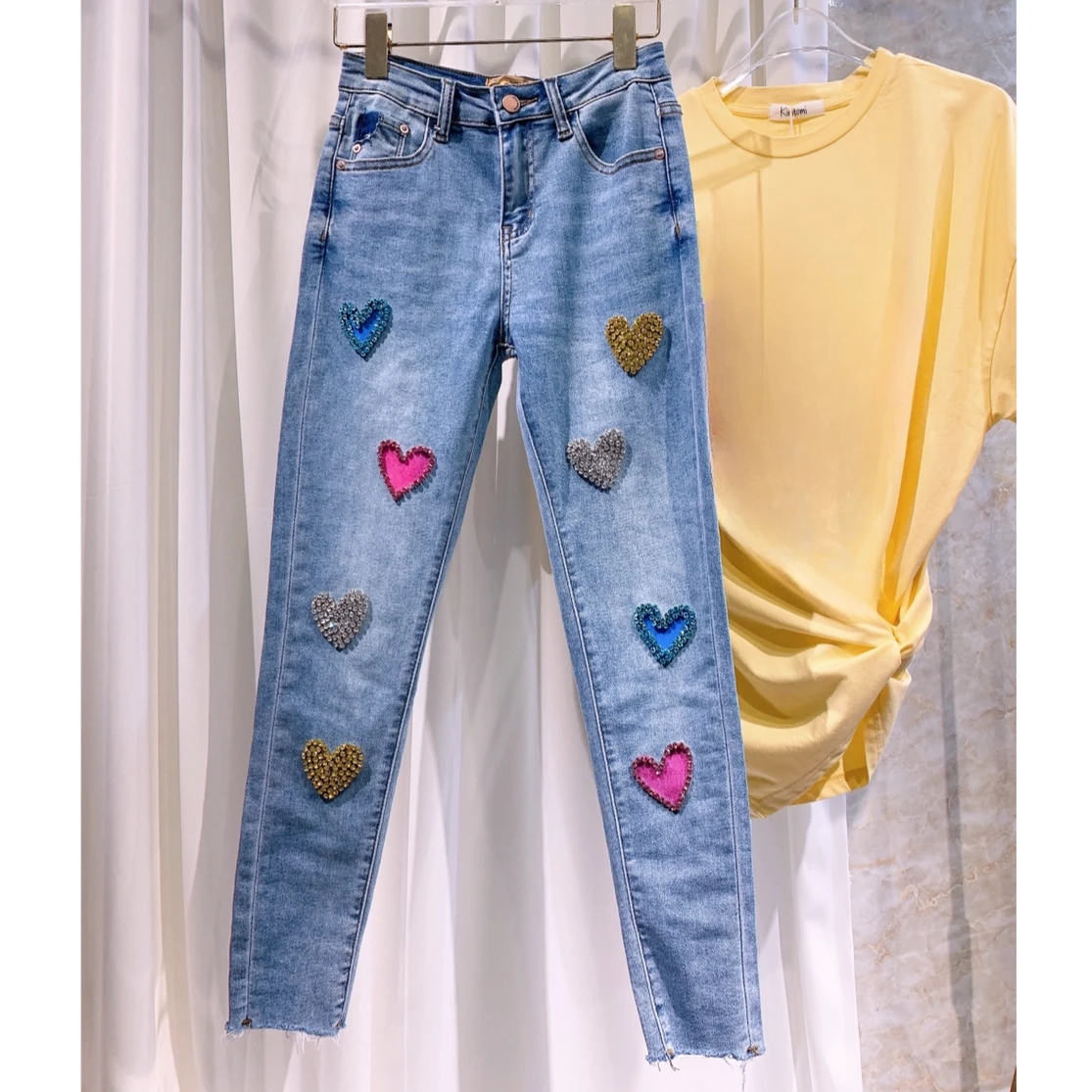 

Love Rhinestones Sewn Legs Denim Elastic Pencil Pants Diamonds Love Shape Embroidery Slimming Jeans Pants Crystal Cowboy Trouser
