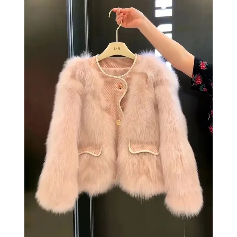 Nepbontjassen Dames Bontjassen Effen Zak Lange Mouwen Ronde Hals Enkele Breasted Dik Warm Bont Casual 2025, Herfst Winter