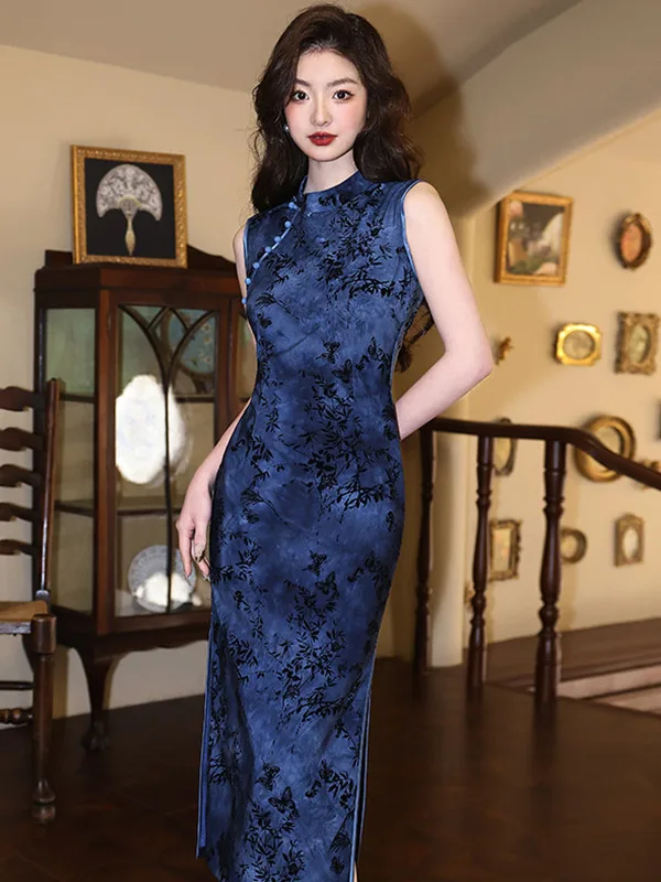 

Платье в молодежном стиле без рукавов, традиционное китайское, облегающее, в стиле старого Шанхая, с низким разрезом, для повседневной носки, из полиэстеровой смеси