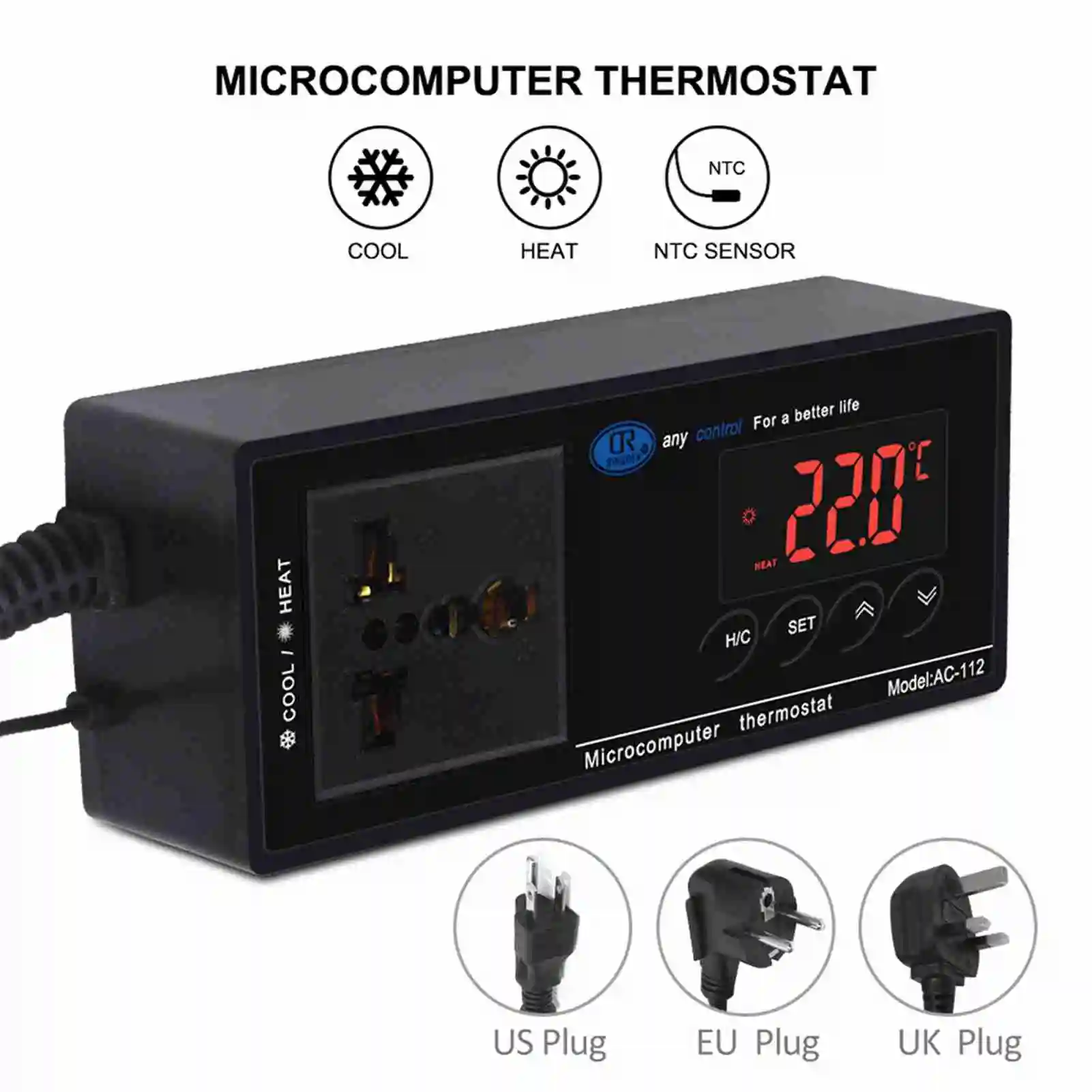 Digital Temperature Controller Thermostat Outlet Reptile Thermostat Controlled with Heating & Cooling Mode for Chest Freezer Hom