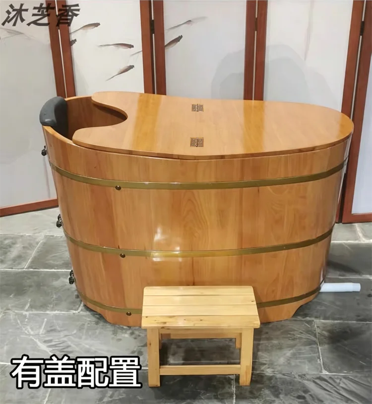 Yjq oak bath wooden bucket full body bath fumigation covered wooden bathtub household solid wood bath bucket