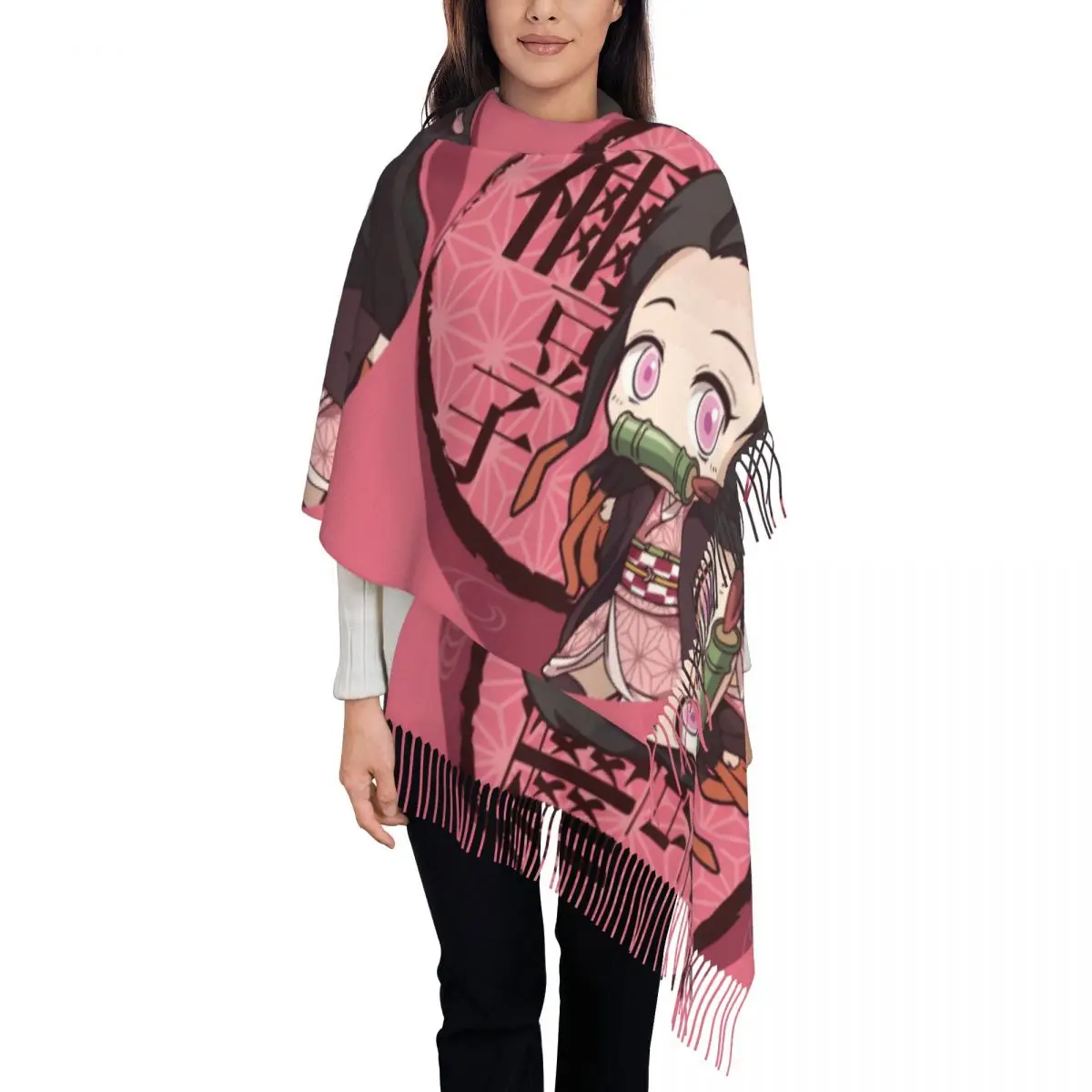 Female Long Kimetsu No Yaiba Nezuko Scarves Women Winter Fall Thick Warm Tassel Shawl Wraps Demon Slayer Anime Manga Scarf