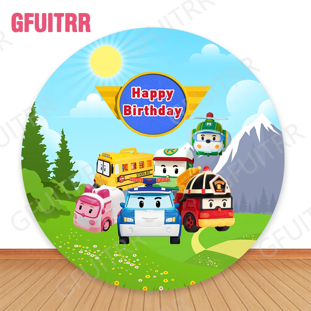 Cartoon Robocar Poli Round Photo Backdrop Kids Baby Shower Cylinder Covers Boys Birthday Party Decoration Photo Props