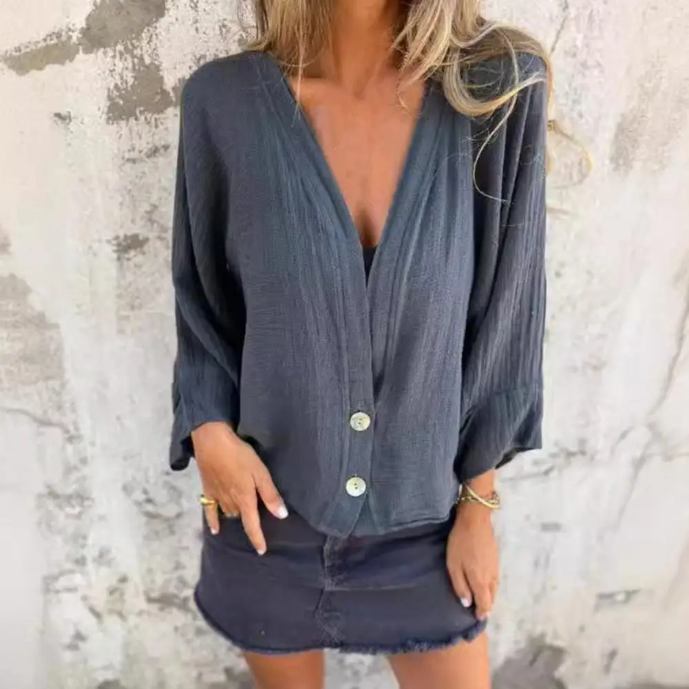 Dames Shirt Stijlvolle Dames Blouse Met V-Hals En 3/4 Mouwen Met Knoop Decoratie Loszittende Effen Kleur Shirt Tops Voor Casual Stijl