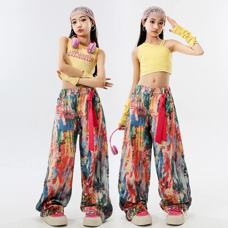 Set da ballo di strada per ragazze Costume da ballo jazz Vestito hip-hop Abiti da spettacolo per bambini Top corto giallo Pantaloni Graffiti XH2677
