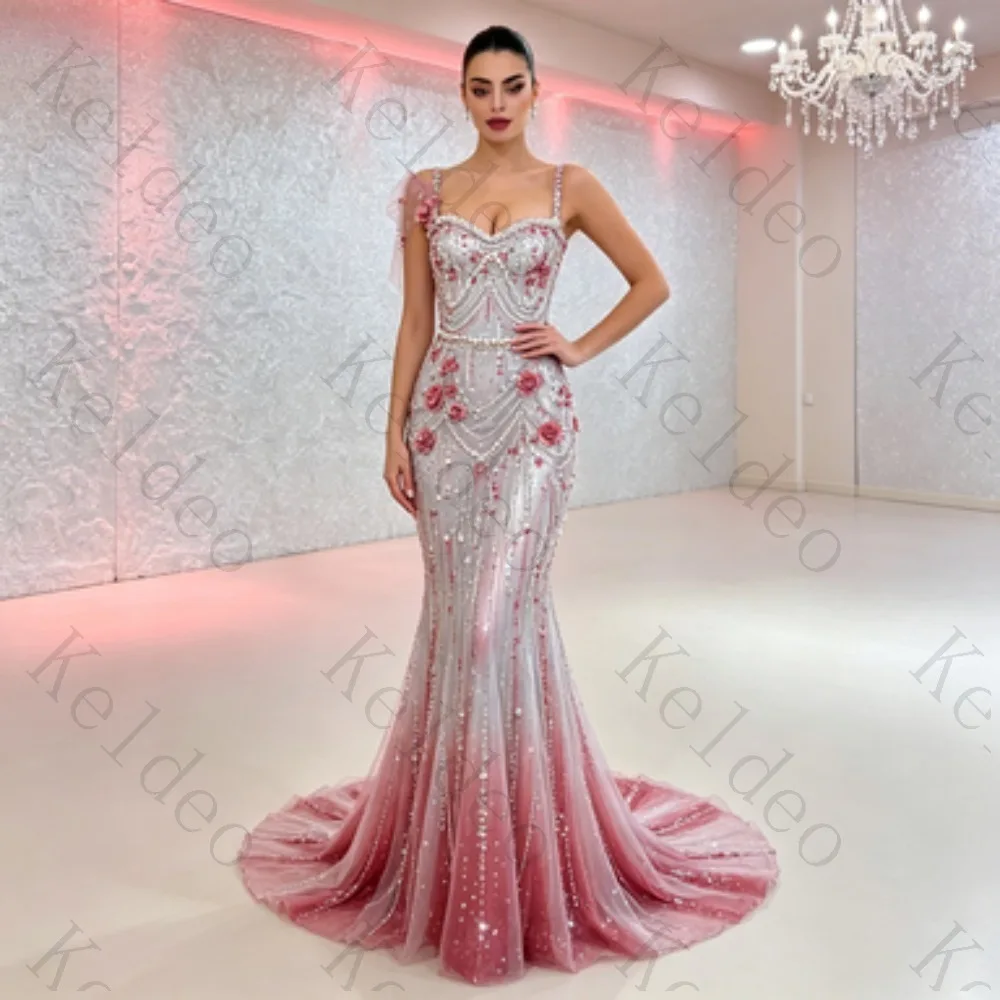 Customized Spaghetti Strap Mermaid Evening Gown Gradient Beaded 3D Floral Appliques Sweetheart Floor‑Length Formal Prom Party