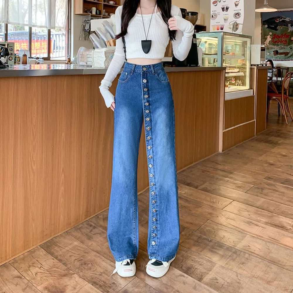 American Style Design Sense Niche Single Breasted Jeans Versatile Slim High Waist Stright Tube Wide Leg Women's Denim Pants