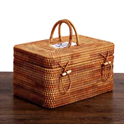 Handwoven Rattan Storage Box With Handle Wicker Tea Food Container Picnic Bread Fruit Cake Basket Portable Box Kitchen Organizer