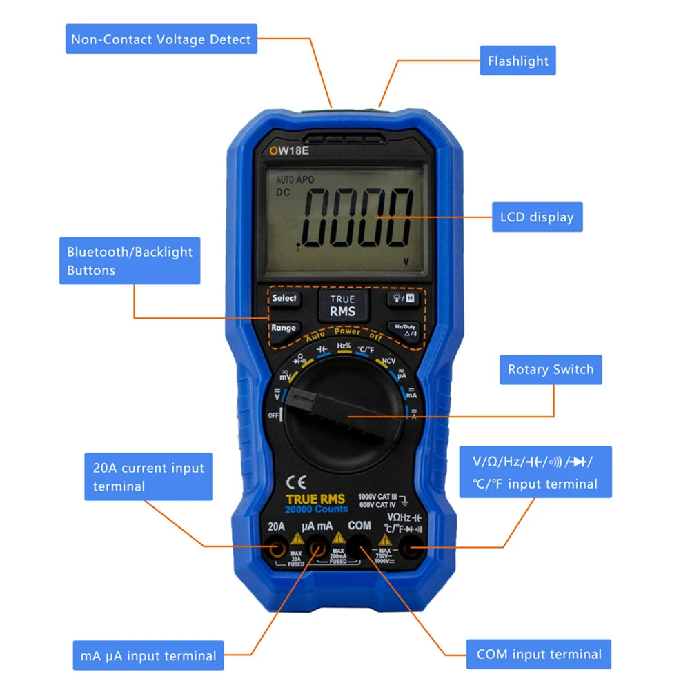 OWON OW18D OW18E 4 1/2 Digits Handheld Digital Multimeter True RMS Test 20000 Counts Flashlight Function Multimeters Digital