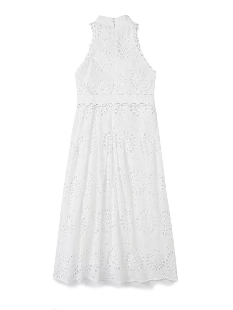 Luxury Women lace Sleeveless dress White Elegant Embroidered long shirt dress Sexy Beach Clothing Ladies Summer 2023 INKEO 3D045