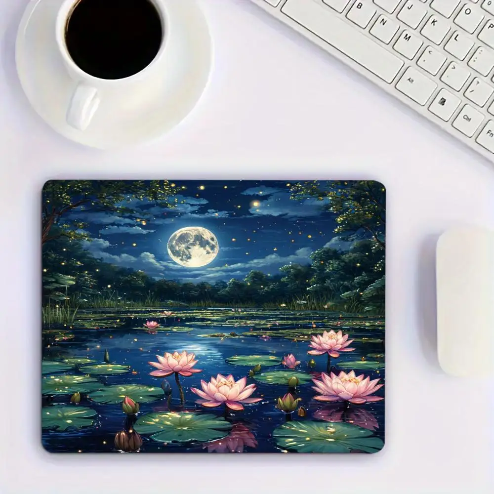Starry Night Lake Lotus Flower Square Mouse Pad Non Slip Rubber Mat Smooth Surface For Gaming Office Laptop PC Computer