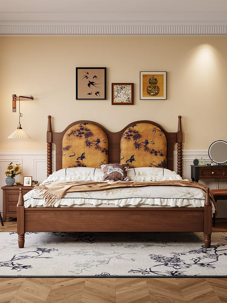 Medieval American solid wood bed 1.5M1.8M double bed retro French bedside soft bag bed master bedroom high-end atmosphere