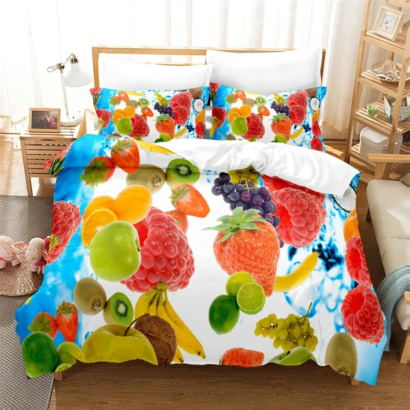 Cute Tropical Fruit Duvet Cover Summer Fruits Print Bedding Set Lightweight Microfiber Kawaii Comforter Cover with 2 Pillowcases