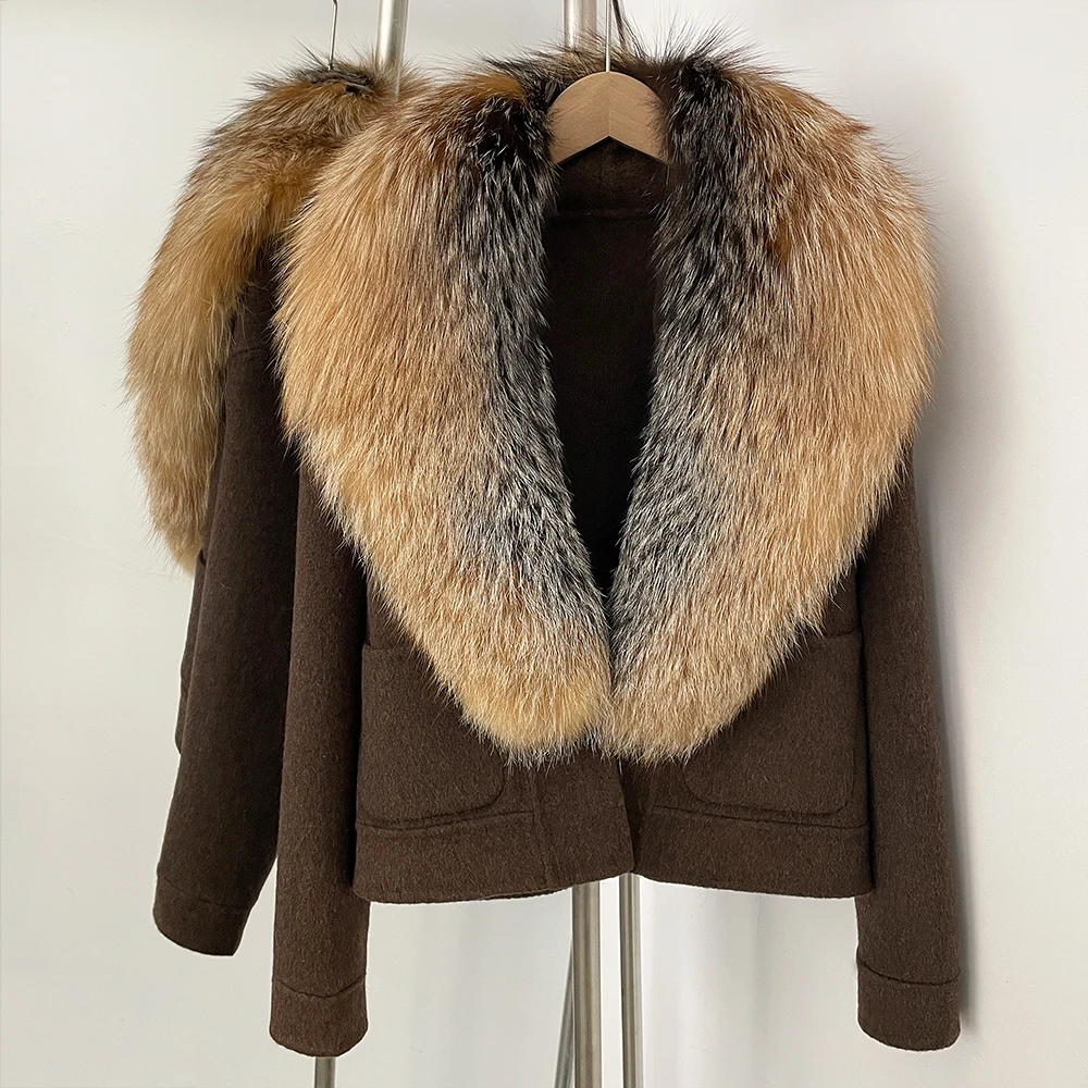 

Женское шерстяное пальто-куртка с натуральным мехом, роскошное пальто из натурального меха, новинка, верхняя одежда для женщин