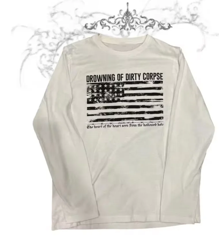 American Subculture Letter Print T-shirt Harajuku Hip Hop Long Sleeve Tees Women Men Loose All Match White Top Street Retro