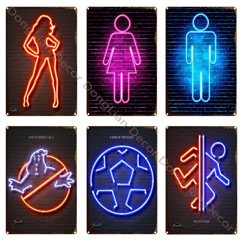 Vintage Colorful Neon Toilet Sign Sexy Woman Plaque Vintage Tin Sign Retro Metal Sign Decorative Plaque Wall Decor