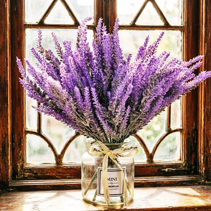 

1Pc Artificial Flowers Purple Plastic Lavender Bundle Fake Plants Wedding Bridle Bouquet Indoor Outdoor Home Kitchen Office