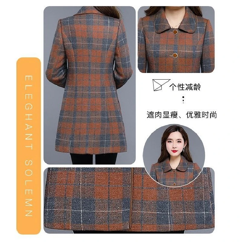 Fashion New Mid Long Women\'s Woolen Coats Spring Autumn Slim Thin Windbreaker Single Breasted Lapel Plaid Casual Jackets Female