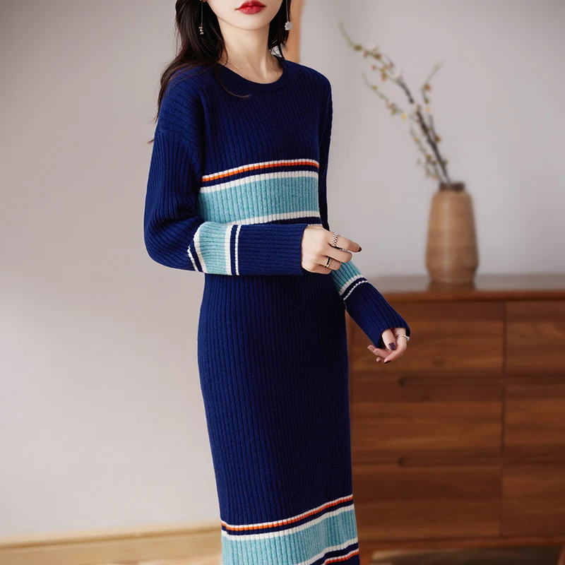 new autumn and winter women's 100% pure cashmere dress fashionable color block long crew neck sweater