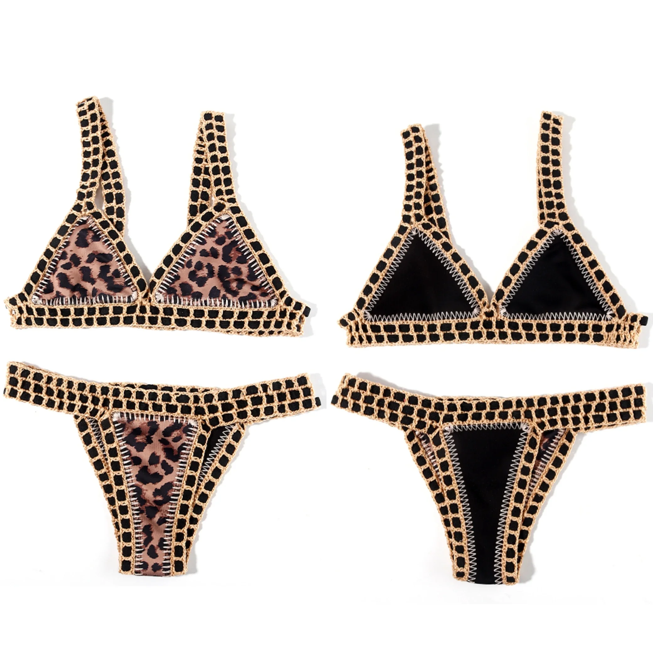 

Двусторонний леопардовый комплект бикини ручной работы крючком, черный купальник для бассейна, синий роскошный купальник с узором пейсли, maillot de bain femme